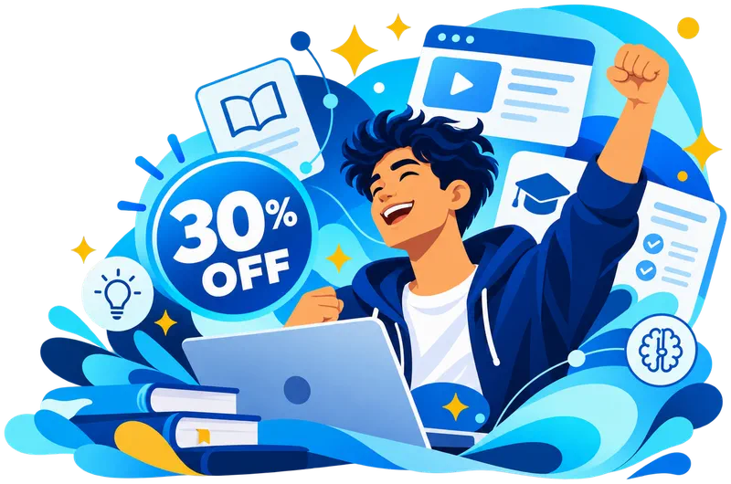 30% OFF online courses — a trainee cheering at a laptop, with a course video, books and a graduation cap
