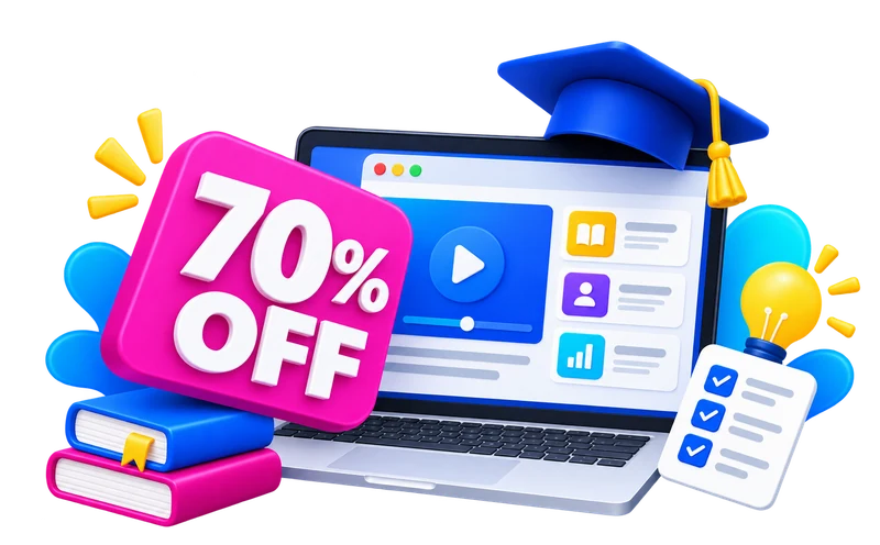 حاسوب محمول ثلاثي الأبعاد مع شارة خصم 70% وكتب وقبعة تخرج